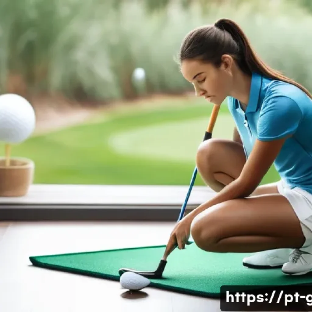 집에서 할 수 있는 골프 연습법 - **Home Putting Oasis for a Young Golfer**
    A bright, well-lit image featuring a young adult woman...
