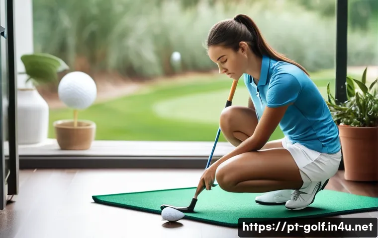 집에서 할 수 있는 골프 연습법 - **Home Putting Oasis for a Young Golfer**
    A bright, well-lit image featuring a young adult woman...
