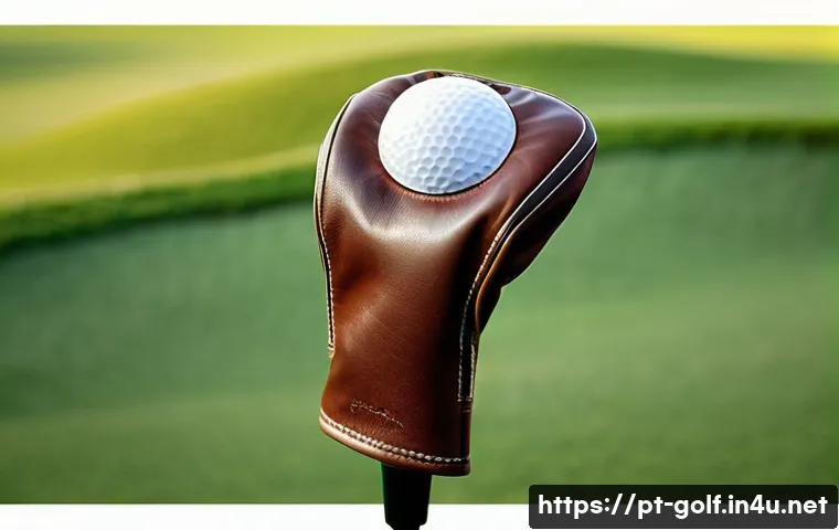 골프 클럽 헤드캡의 역할 - A luxurious golf club headcover made from rich brown leather, showcasing fine stitching details and ...