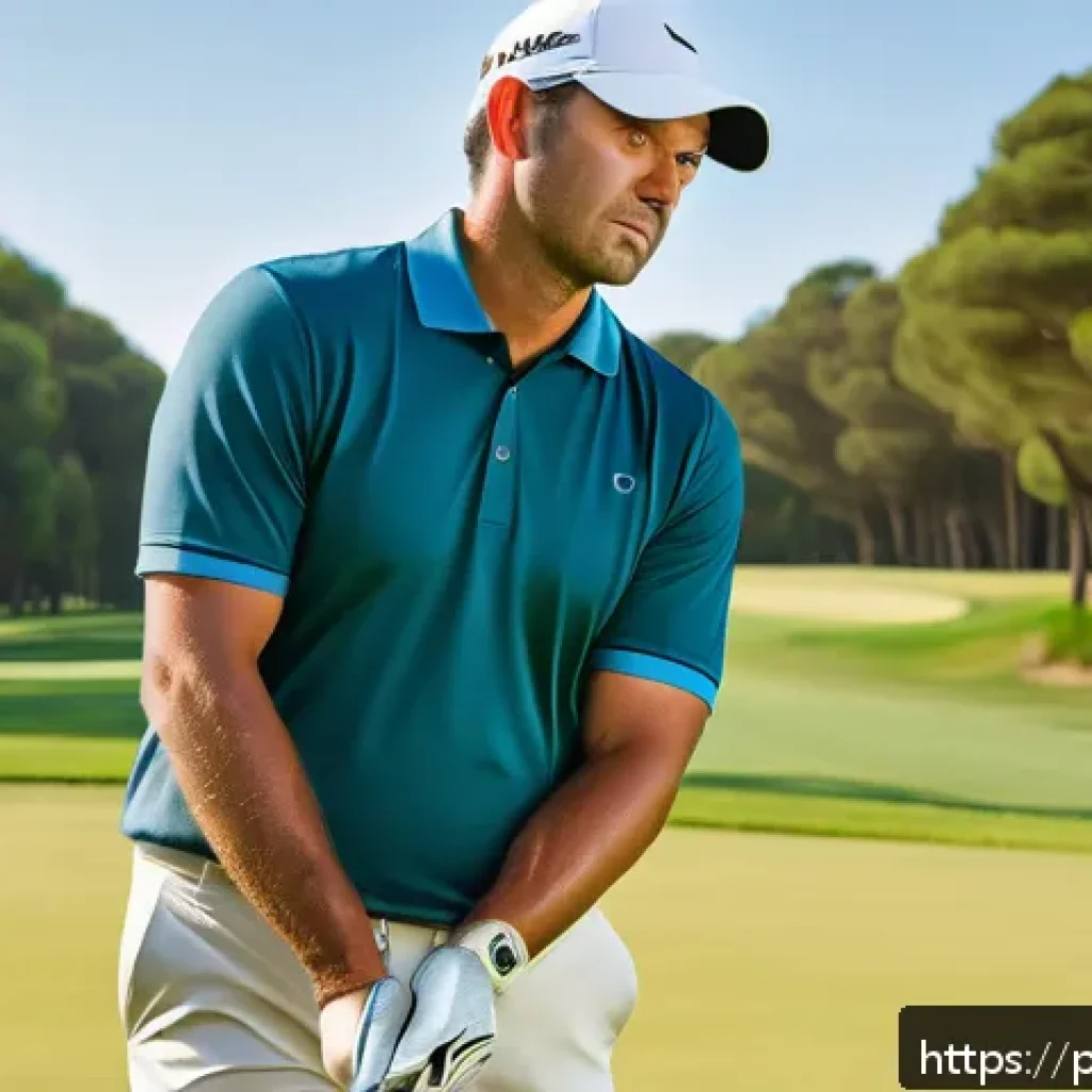 골프 경기 중 마인드 컨트롤 방법 - A focused male golfer in his mid-30s, wearing a neat golf polo and trousers, standing on a lush gree...