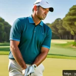 Home 18 골프 경기 중 마인드 컨트롤 방법 - A focused male golfer in his mid-30s, wearing a neat golf polo and trousers, standing on a lush gree...
