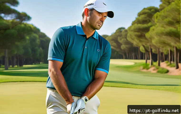 골프 경기 중 마인드 컨트롤 방법 - A focused male golfer in his mid-30s, wearing a neat golf polo and trousers, standing on a lush gree...