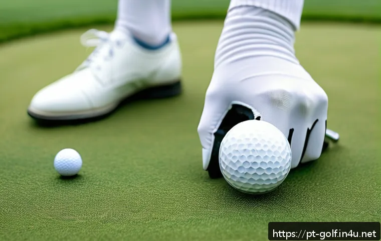 골프공의 압축도와 성능 비교 - A detailed close-up scene of a golfer’s hand gripping a golf club while striking a golf ball with vi...