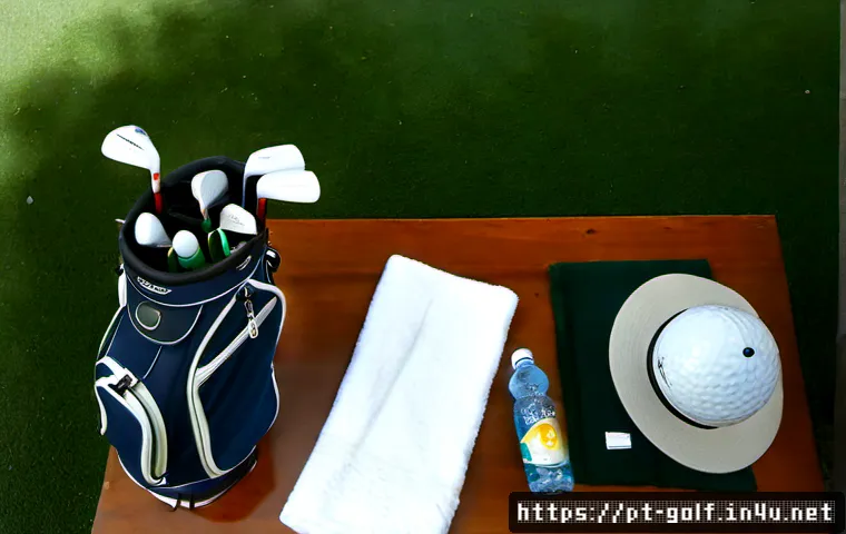 Home 17 골프 라운딩 준비물 체크리스트 - Photorealistic flat lay of essential golf round preparation items neatly arranged on a wooden bench ...