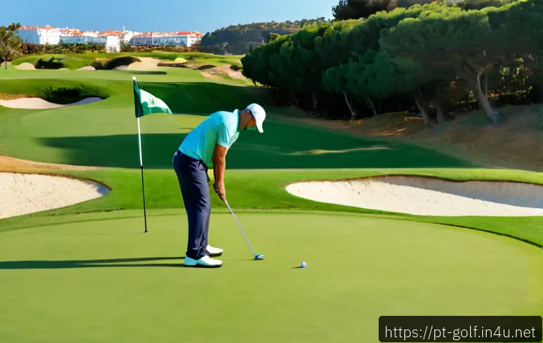 골프 경기 규칙 요약 - Photorealistic wide view of a sunny golf course in Portugal, a focused adult golfer in modest polo s...